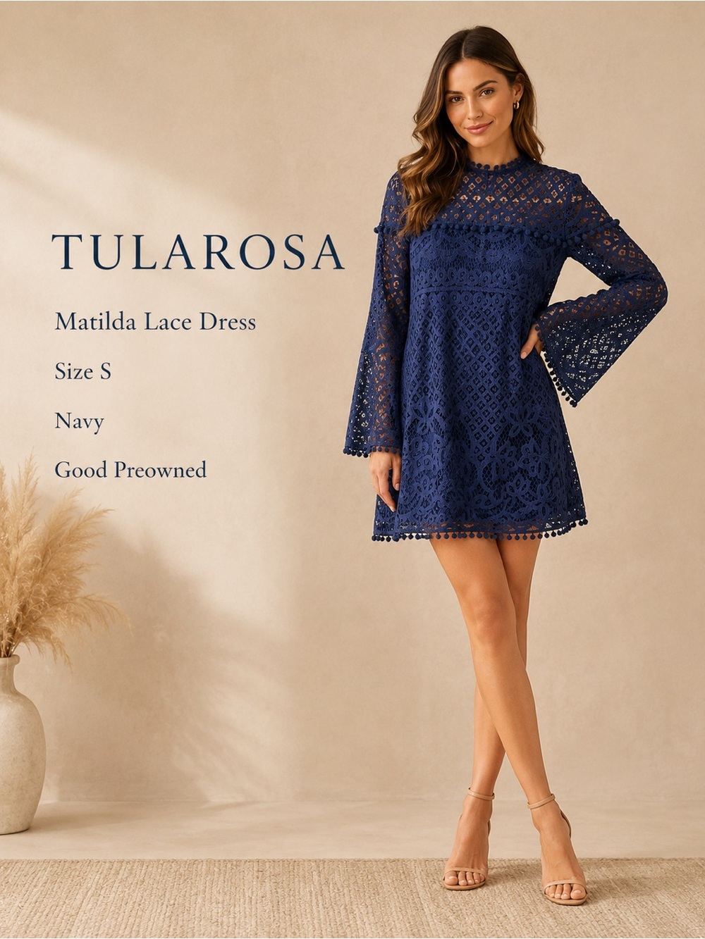Tularosa Matilda Navy Lace Bell Sleeve Pom Pom Mini Dress Size S